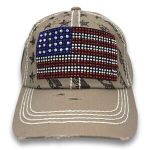 American Flag Rhinestone Mom Dad Hat Cross-Stitched Stars & Stripes Baseball Cap